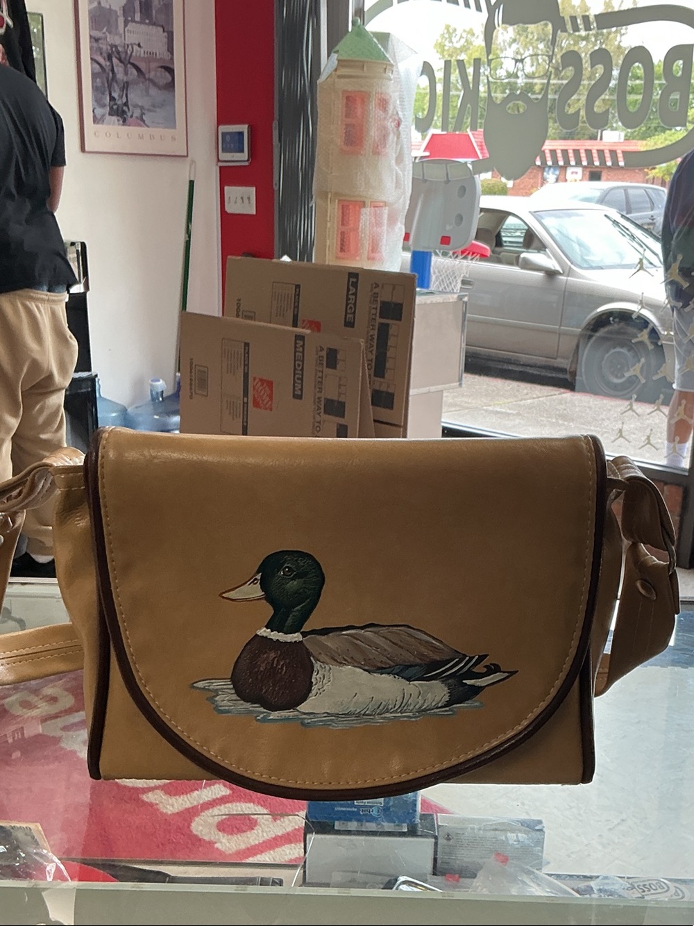 Tan Leather Crossbody Bag with Duck Motif